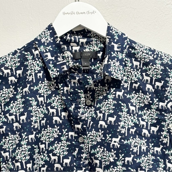 J CREW Women’s Navy Blue WOODLAND DEER Long Sleeve Popover Top Collared Size 2 - Picture 3 of 8